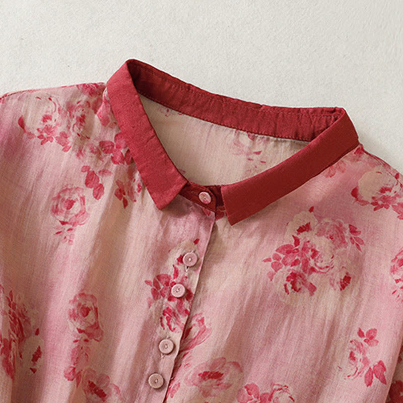 Printing Buttons Drawstring High Waist Short Sleeve Cotton Midi Dress With Pockets