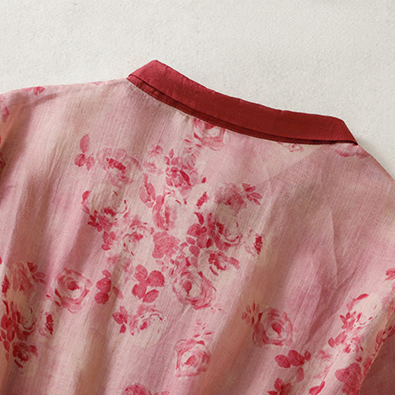 Printing Buttons Drawstring High Waist Short Sleeve Cotton Midi Dress With Pockets