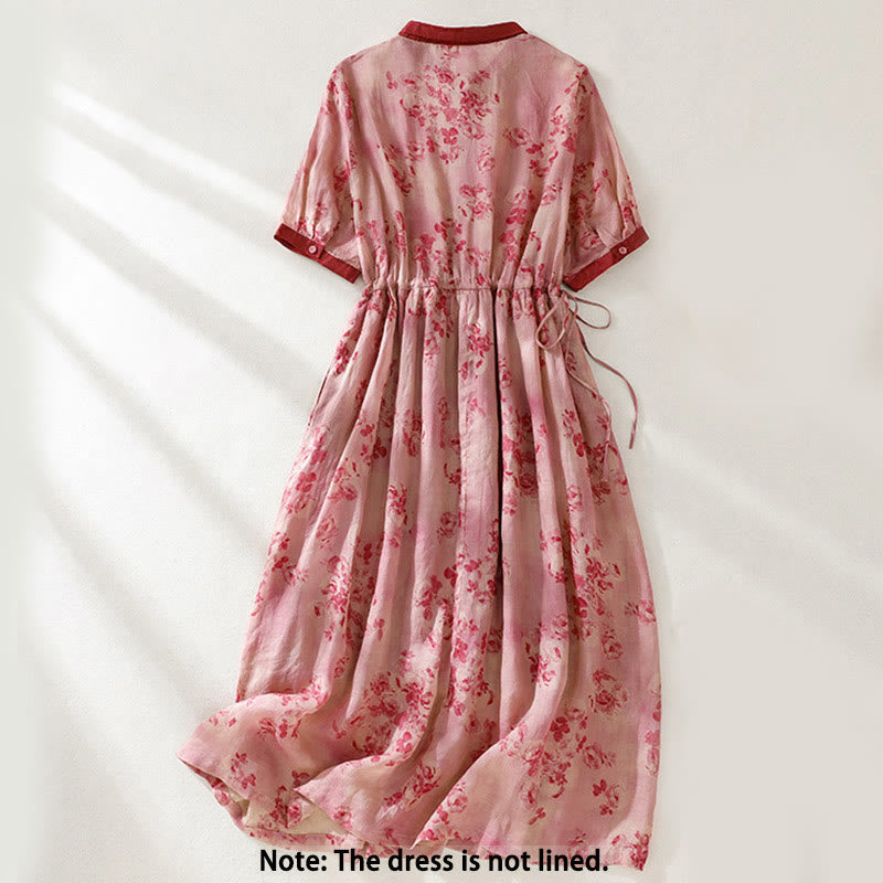 Printing Buttons Drawstring High Waist Short Sleeve Cotton Midi Dress With Pockets
