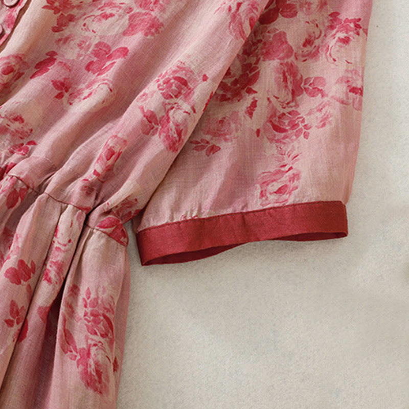 Printing Buttons Drawstring High Waist Short Sleeve Cotton Midi Dress With Pockets