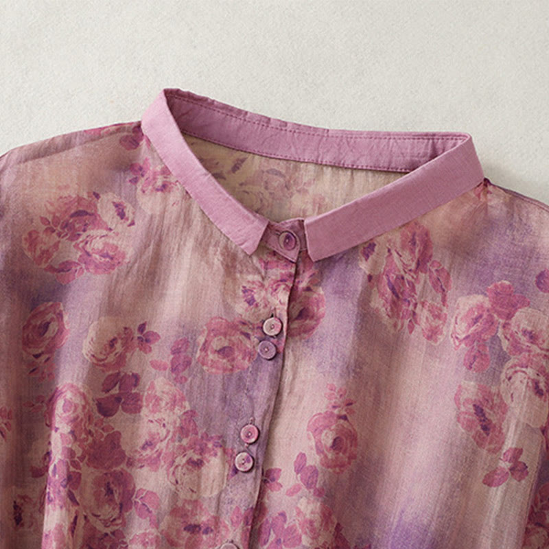 Printing Buttons Drawstring High Waist Short Sleeve Cotton Midi Dress With Pockets