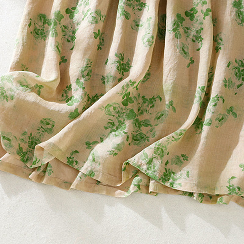 Printing Buttons Drawstring High Waist Short Sleeve Cotton Midi Dress With Pockets