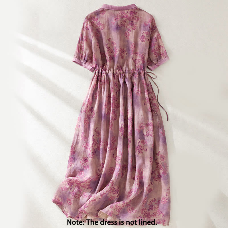 Printing Buttons Drawstring High Waist Short Sleeve Cotton Midi Dress With Pockets