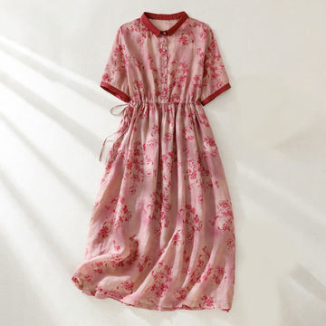 Printing Buttons Drawstring High Waist Short Sleeve Cotton Midi Dress With Pockets
