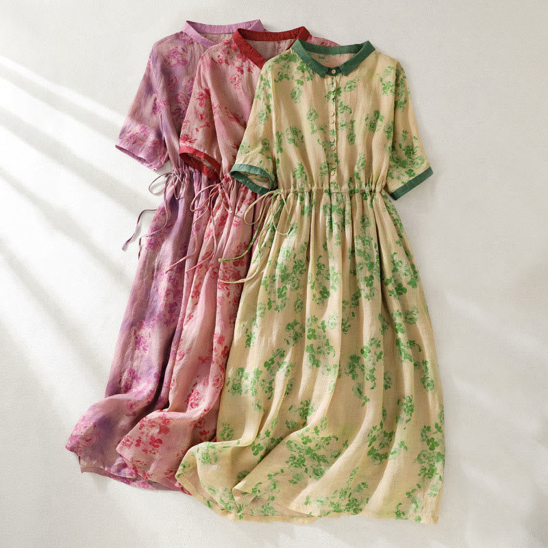 Printing Buttons Drawstring High Waist Short Sleeve Cotton Midi Dress With Pockets