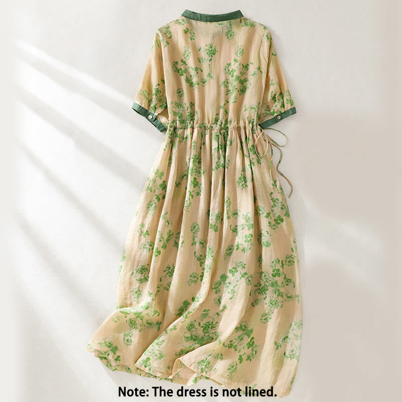 Printing Buttons Drawstring High Waist Short Sleeve Cotton Midi Dress With Pockets