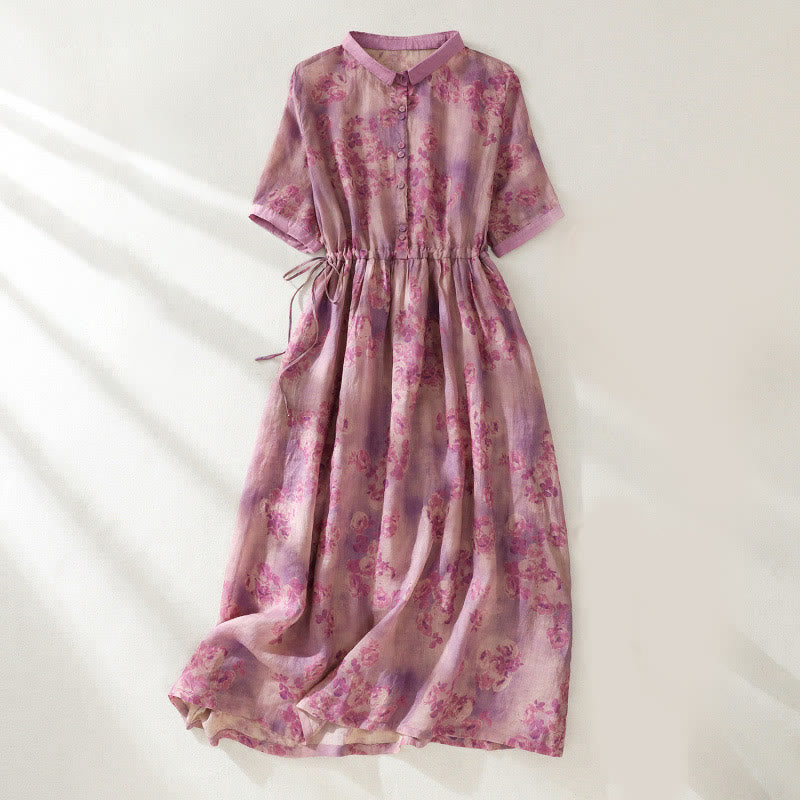 Printing Buttons Drawstring High Waist Short Sleeve Cotton Midi Dress With Pockets