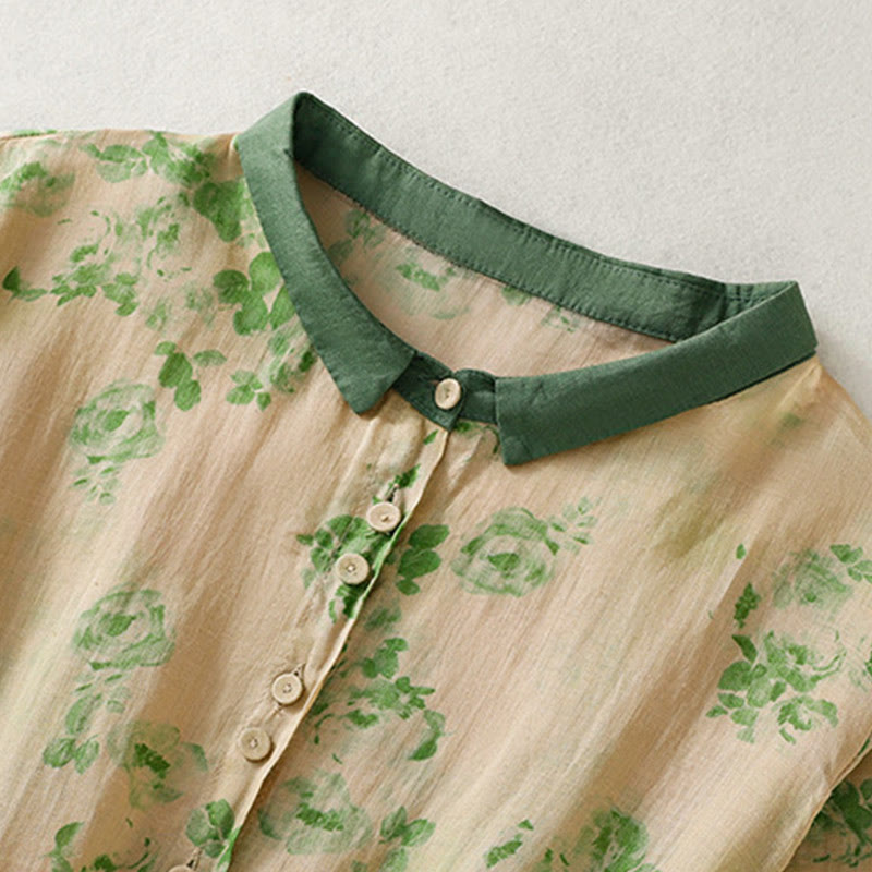 Printing Buttons Drawstring High Waist Short Sleeve Cotton Midi Dress With Pockets