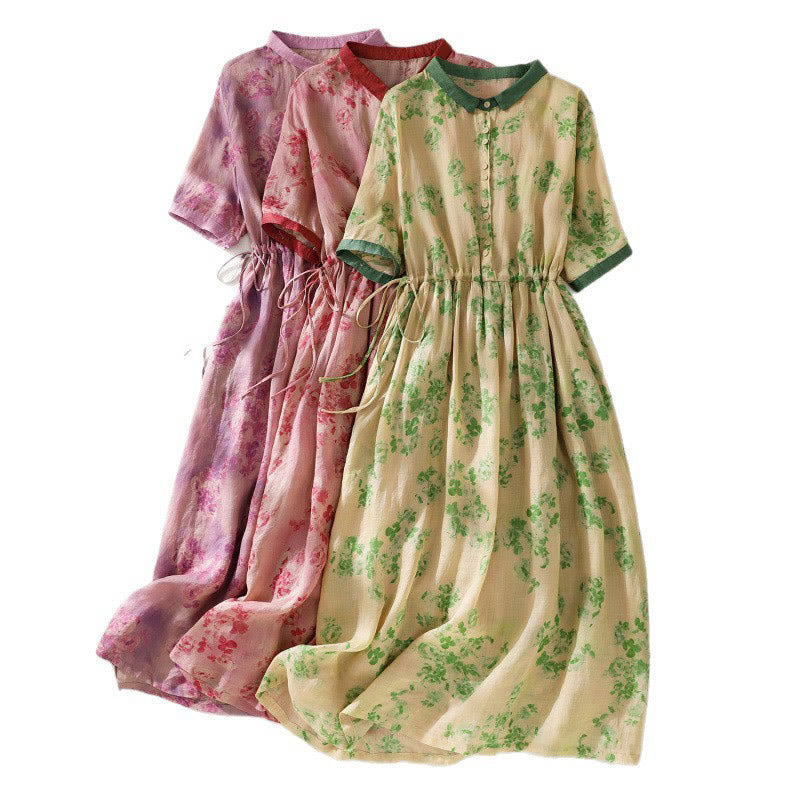 Printing Buttons Drawstring High Waist Short Sleeve Cotton Midi Dress With Pockets