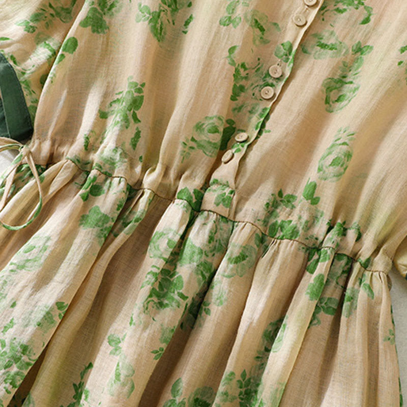 Printing Buttons Drawstring High Waist Short Sleeve Cotton Midi Dress With Pockets