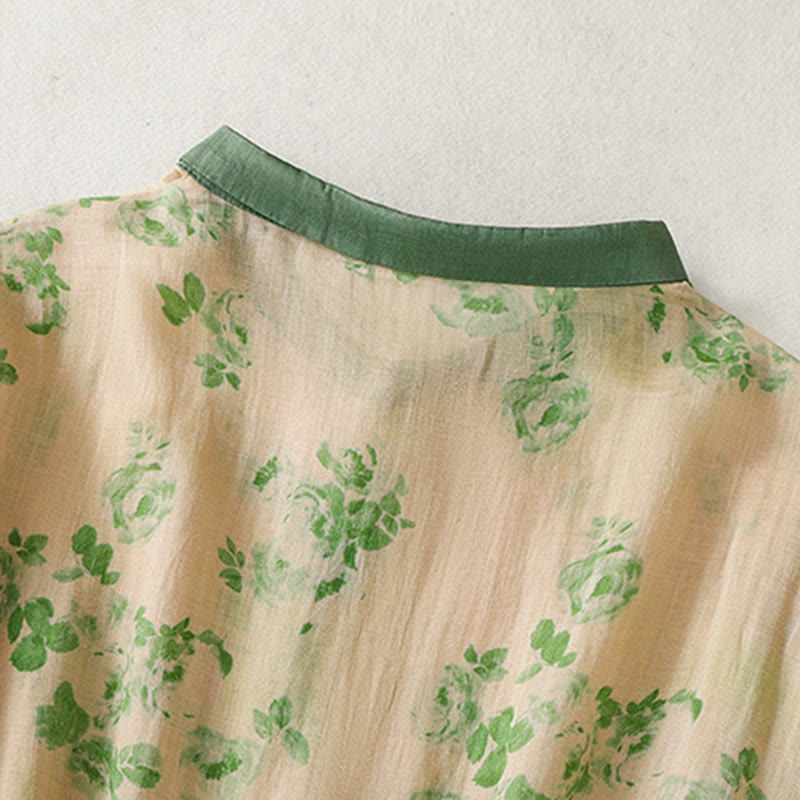 Printing Buttons Drawstring High Waist Short Sleeve Cotton Midi Dress With Pockets
