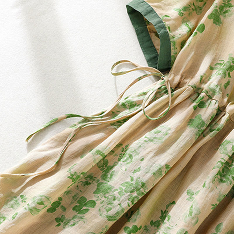 Printing Buttons Drawstring High Waist Short Sleeve Cotton Midi Dress With Pockets