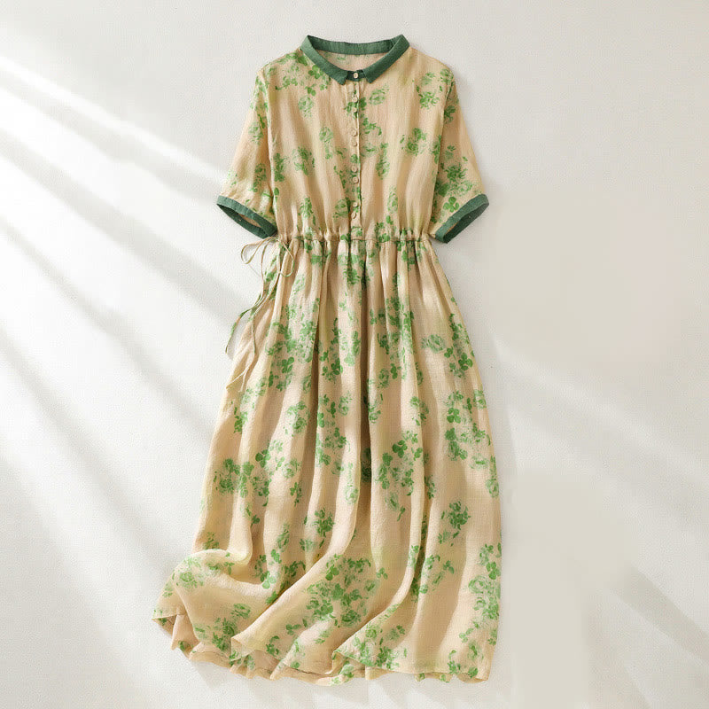 Printing Buttons Drawstring High Waist Short Sleeve Cotton Midi Dress With Pockets