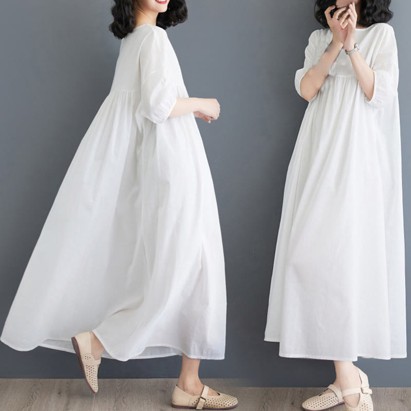 Tactile Cotton Pleated Half-Sleeve Mindful Midi Dress