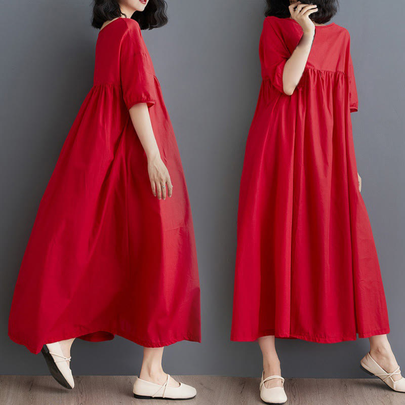 Tactile Cotton Pleated Half-Sleeve Mindful Midi Dress