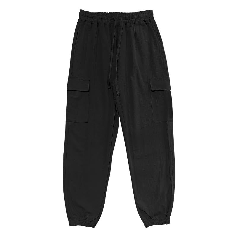 Solid Color Linen Drawstring Men's Cargo Pants With Pockets