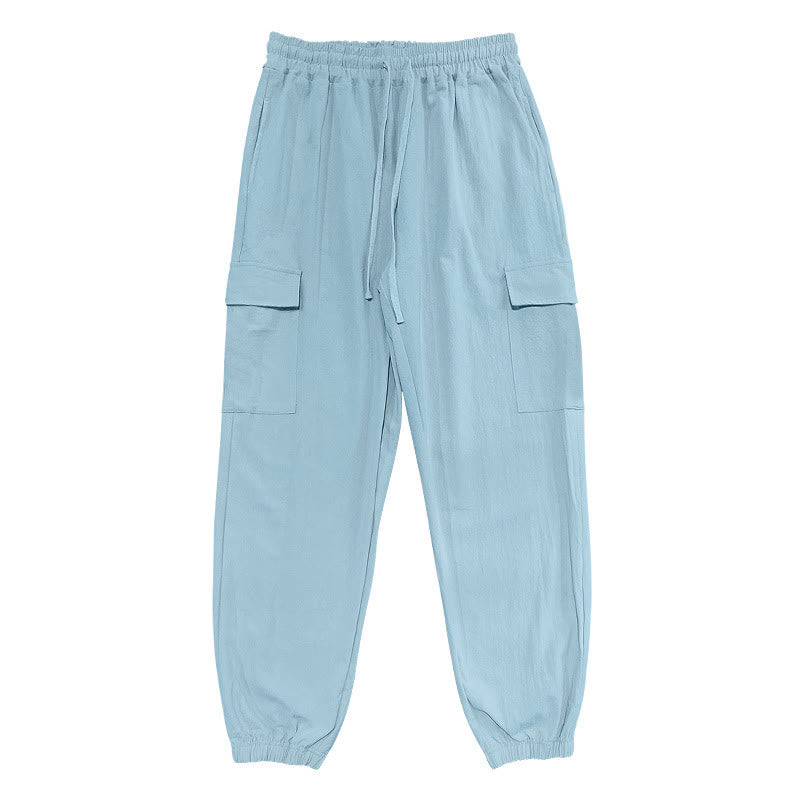Solid Color Linen Drawstring Men's Cargo Pants With Pockets