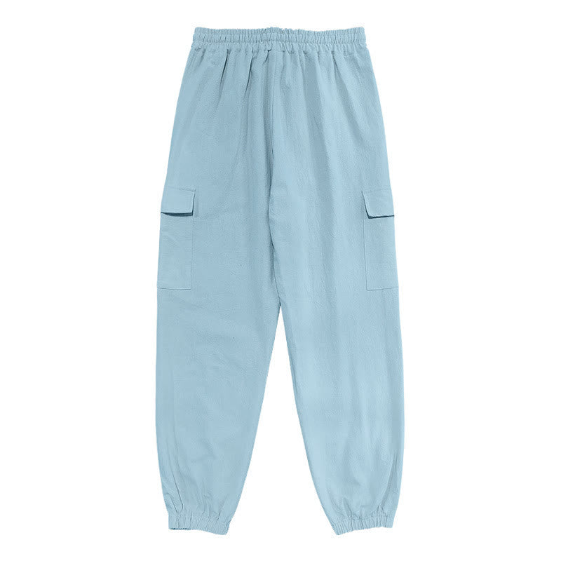 Solid Color Linen Drawstring Men's Cargo Pants With Pockets
