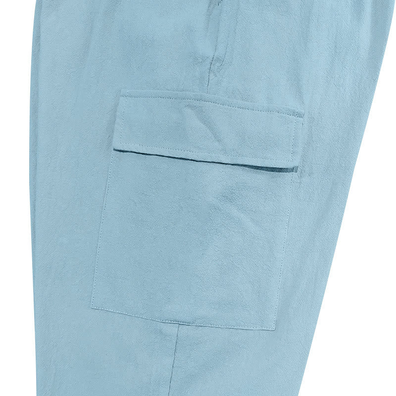 Solid Color Linen Drawstring Men's Cargo Pants With Pockets