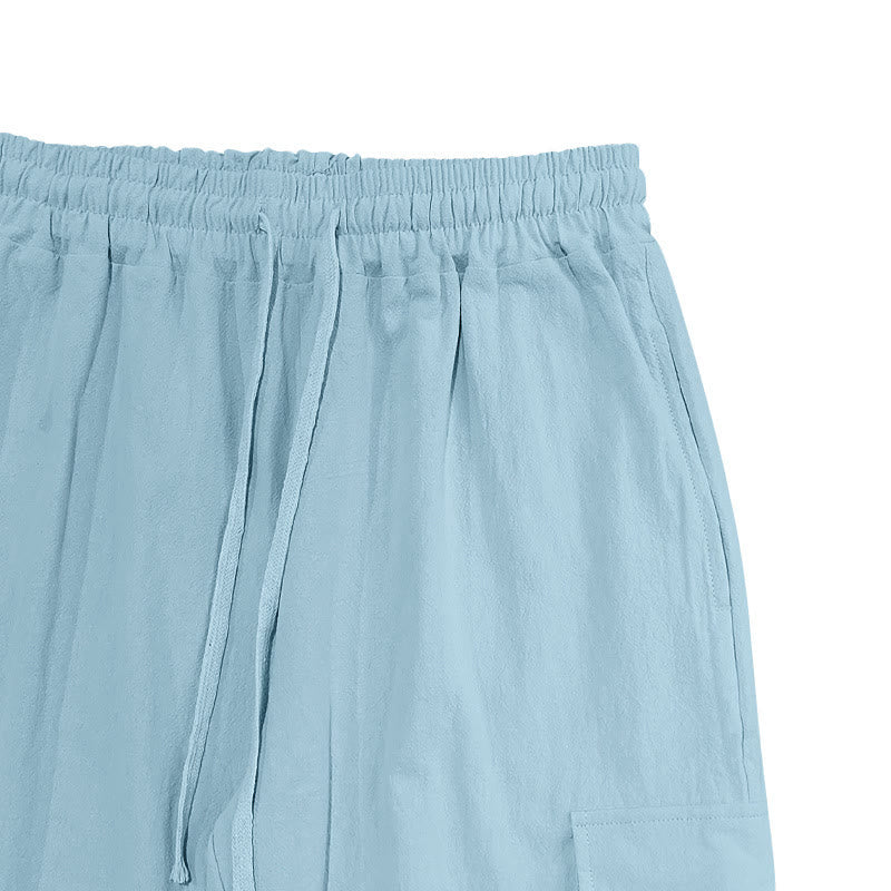 Solid Color Linen Drawstring Men's Cargo Pants With Pockets