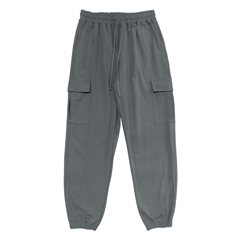 Solid Color Linen Drawstring Men's Cargo Pants With Pockets