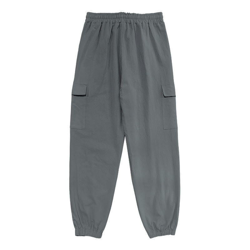 Solid Color Linen Drawstring Men's Cargo Pants With Pockets