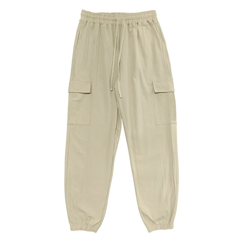 Solid Color Linen Drawstring Men's Cargo Pants With Pockets