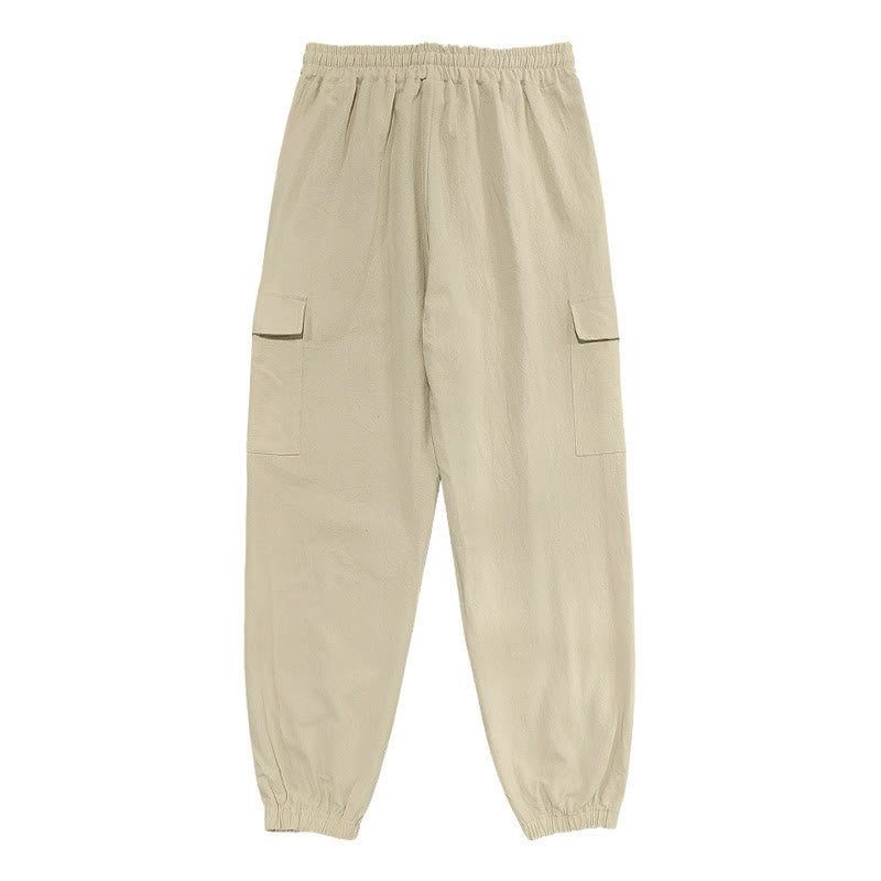 Solid Color Linen Drawstring Men's Cargo Pants With Pockets