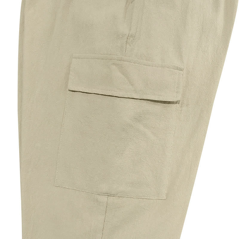 Solid Color Linen Drawstring Men's Cargo Pants With Pockets