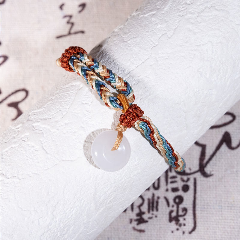 Hand-Braided Red String Bracelet with Natural Hetian Jade Ping An Kou Peace Buckle