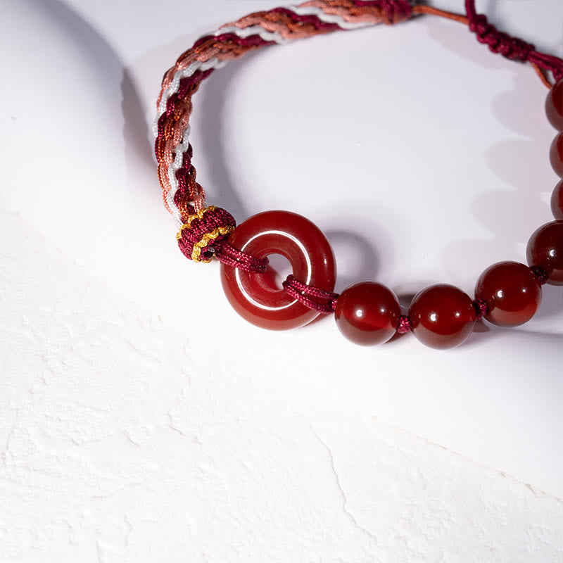 Handmade Braided Red String Bracelet with Natural Red Agate Ping An Kou Peace Buckle