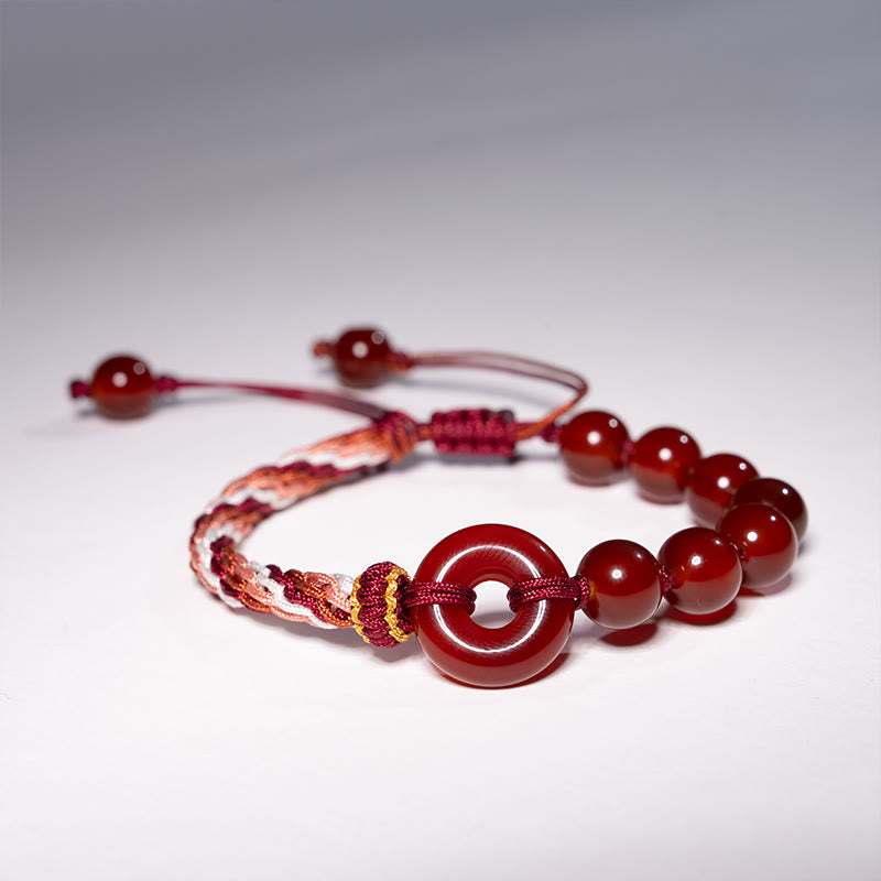 Handmade Braided Red String Bracelet with Natural Red Agate Ping An Kou Peace Buckle