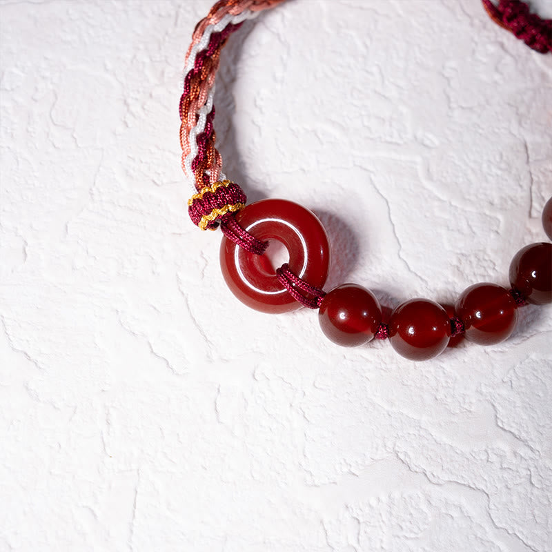 Handmade Braided Red String Bracelet with Natural Red Agate Ping An Kou Peace Buckle