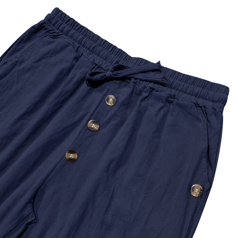 Solid Color Buttons Drawstring Men's Cotton Pants With Pockets