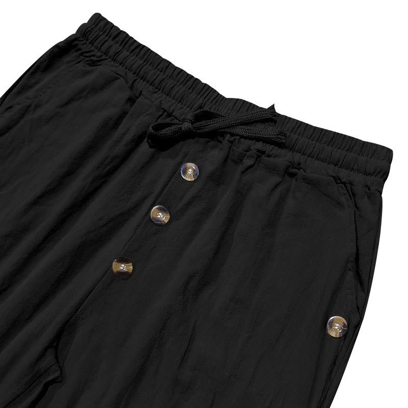 Solid Color Buttons Drawstring Men's Cotton Pants With Pockets