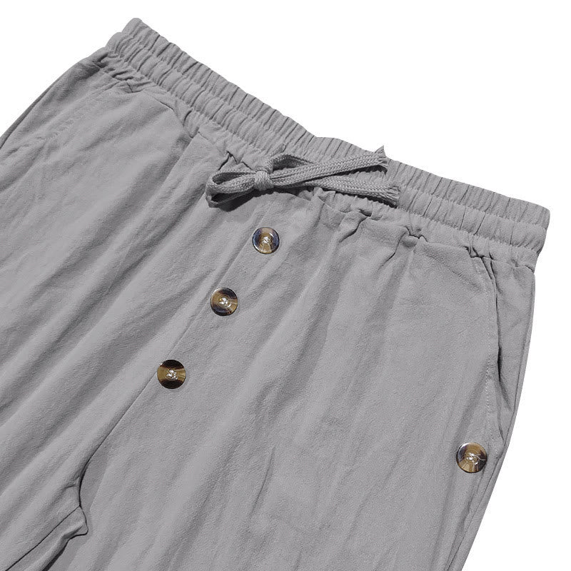 Solid Color Buttons Drawstring Men's Cotton Pants With Pockets