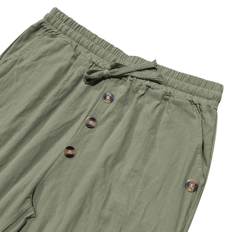 Solid Color Buttons Drawstring Men's Cotton Pants With Pockets