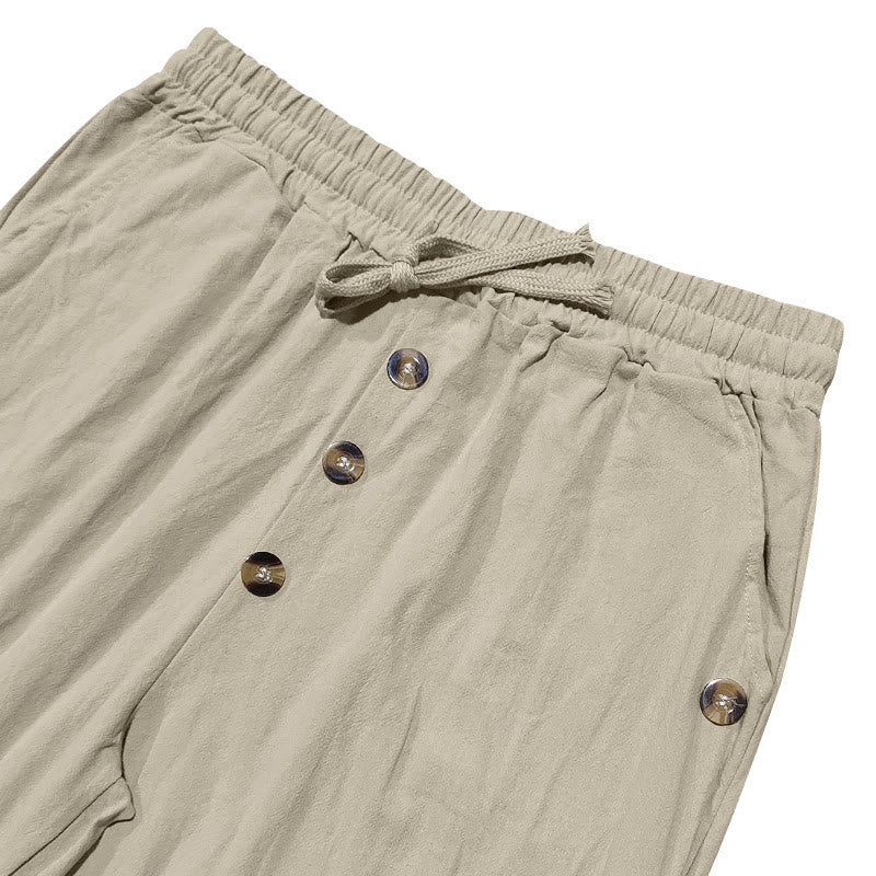 Solid Color Buttons Drawstring Men's Cotton Pants With Pockets