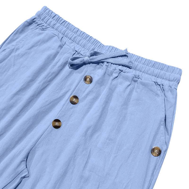 Solid Color Buttons Drawstring Men's Cotton Pants With Pockets