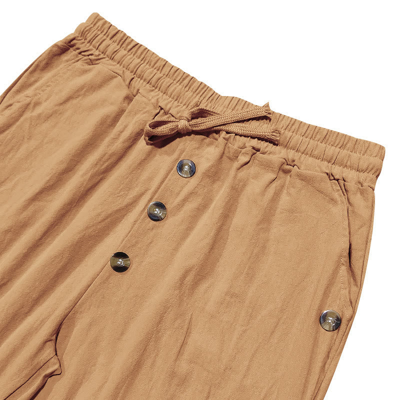 Solid Color Buttons Drawstring Men's Cotton Pants With Pockets