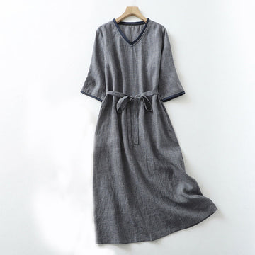 Midnight Blue Cotton Linen Lace-Up Grounding Midi Dress