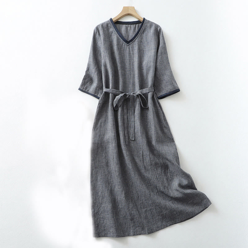 Midnight Blue Cotton Linen Lace-Up Grounding Midi Dress