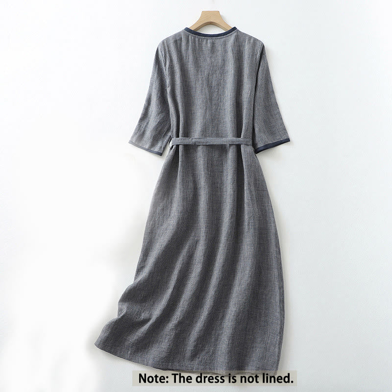Midnight Blue Cotton Linen Lace-Up Grounding Midi Dress