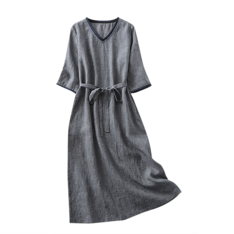 Midnight Blue Cotton Linen Lace-Up Grounding Midi Dress