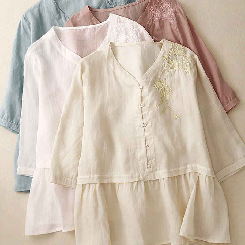 Breathable Cotton V-Neck Three-Quarter Sleeve Meditation Shirt