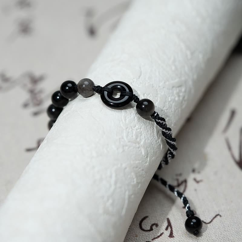 Natural Black Obsidian Peace Buckle Adjustable Black Rope Bracelet