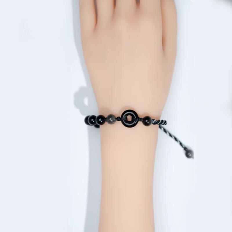 Natural Black Obsidian Peace Buckle Adjustable Black Rope Bracelet