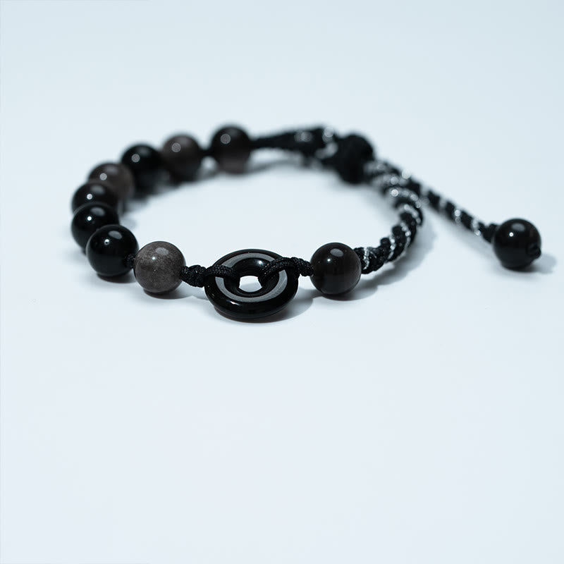 Natural Black Obsidian Peace Buckle Adjustable Black Rope Bracelet