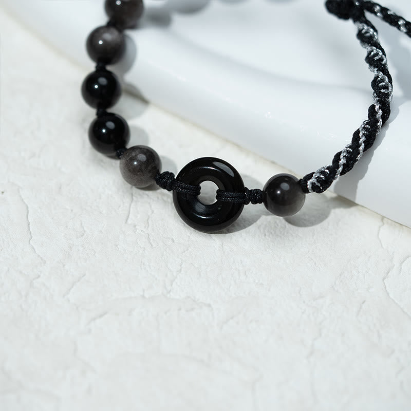 Natural Black Obsidian Peace Buckle Adjustable Black Rope Bracelet