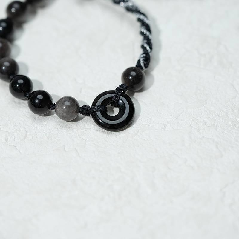 Natural Black Obsidian Peace Buckle Adjustable Black Rope Bracelet